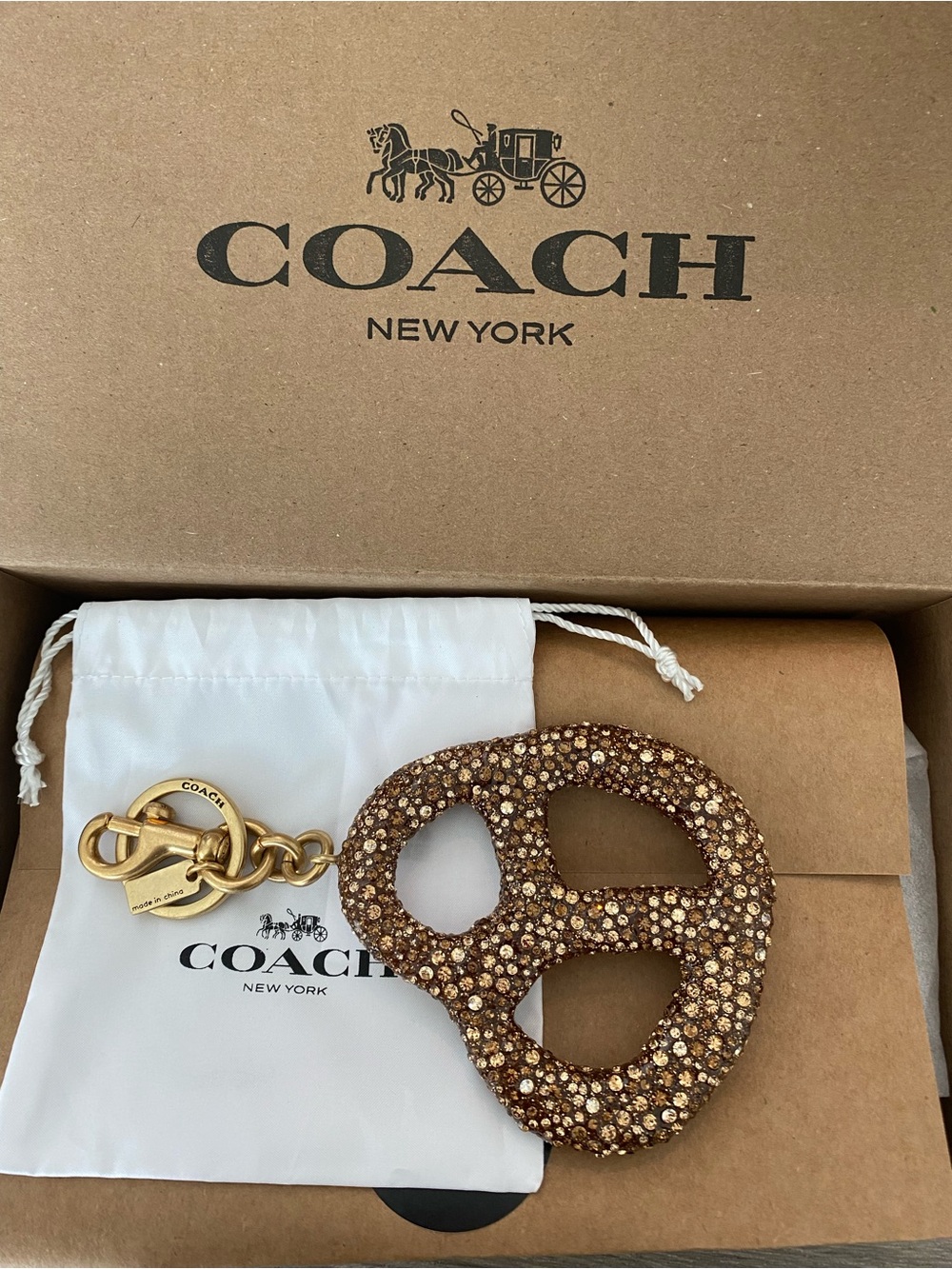 COACH Gold Crystal Pretzel Keychain Charm - Picture 2 of 3